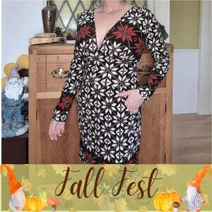 🍂 20% OFF - Cream Brown Orange Scandinavian Floral Print Knit Midi Fitted Dress